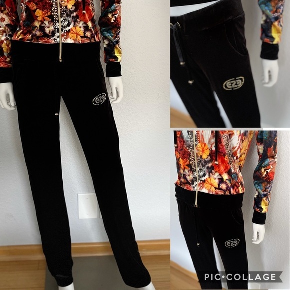 NWT WOMEN VELOUR TRACKSUIT SET JACKET/BLACK PANTS FLORAL PRINT LOUNGEWEAR HOODED - Picture 4 of 11